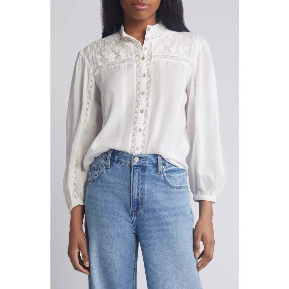 Love Shack Fancy Ronda Embroidered Lace Blouse Medium Antique White Cotton Boho